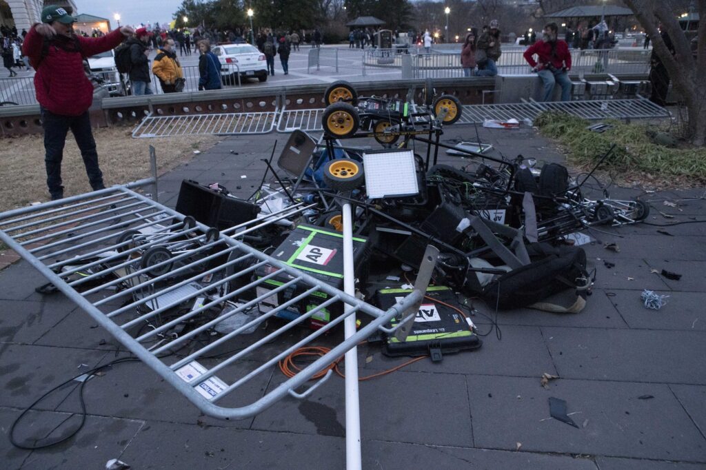 Electoral College Protests Pro-Trump insurrectionists left a pile of broken TV equipment outside the the U.S. Capitol on Wednesday, Jan. 6, 2021, in Washington. (