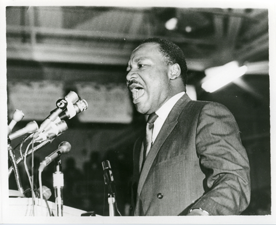 MLK.0 The Rev. Martin Luther King Jr. speaks to a mass rally in Memphis on April 3, 1968, one day before his assassination. (Courtesy of Special Collections Department, University Libraries, University of Memphis Libraries)