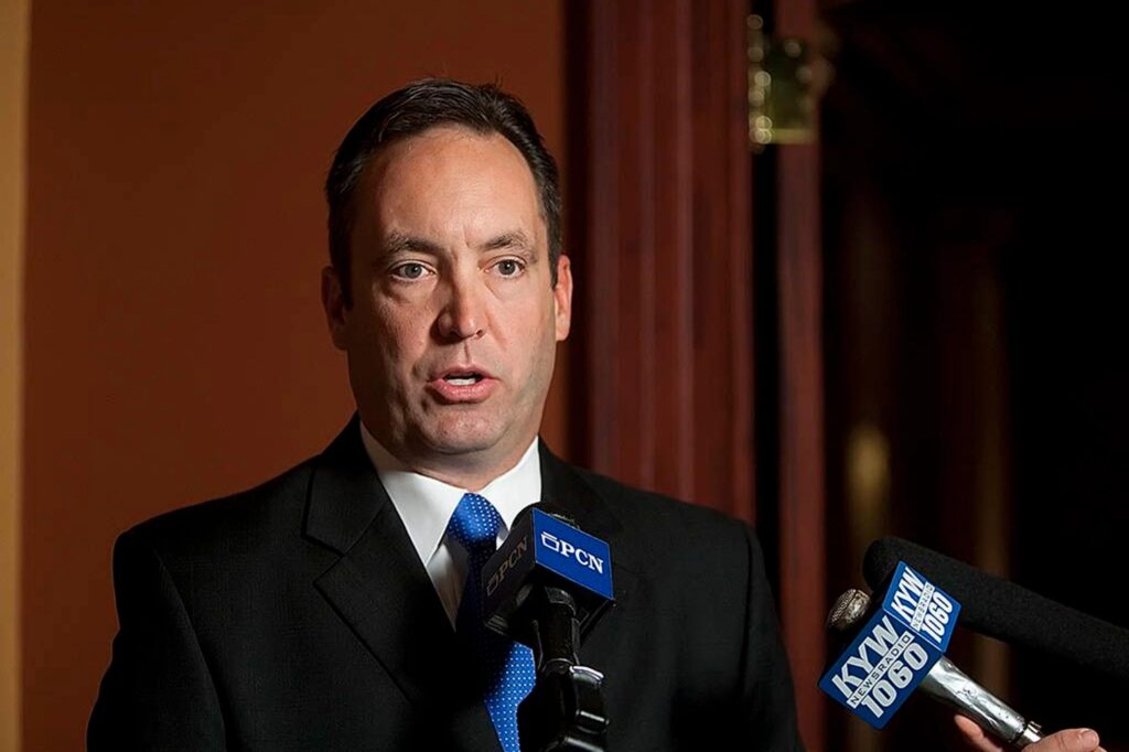 PA_jake_corman_patriot_news_011221 Pennsylvania Republican Sen. Jake Corman speaks to the press