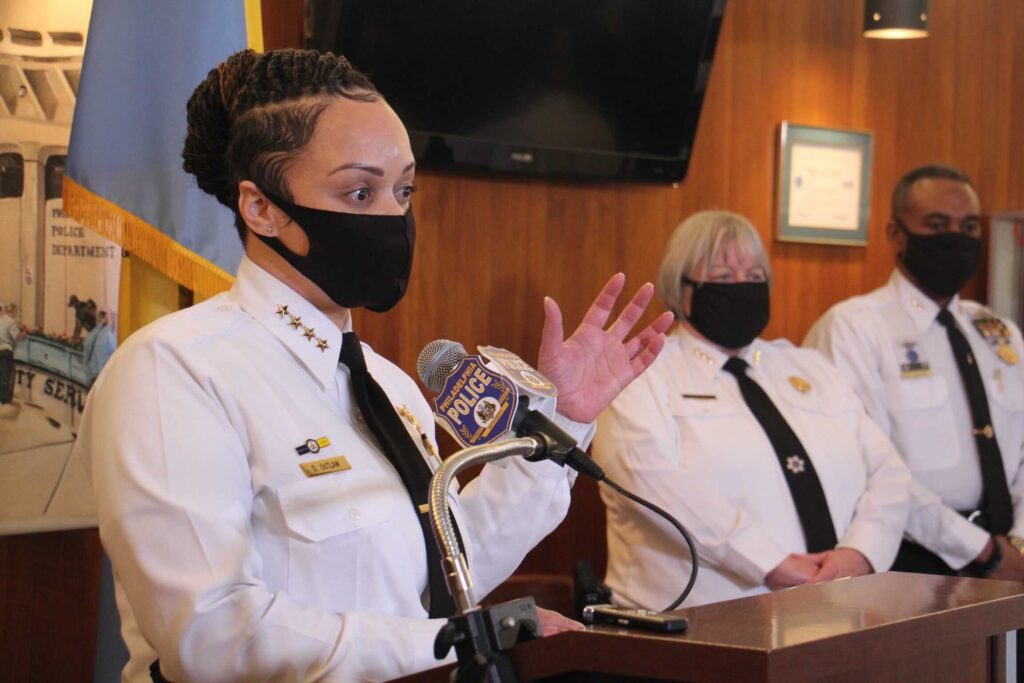 PPD_danielle_outlaw_EL_012821_02 Philadelphia Police Commissioner Danielle Outlaw, wearing a face mask, speaks to the press