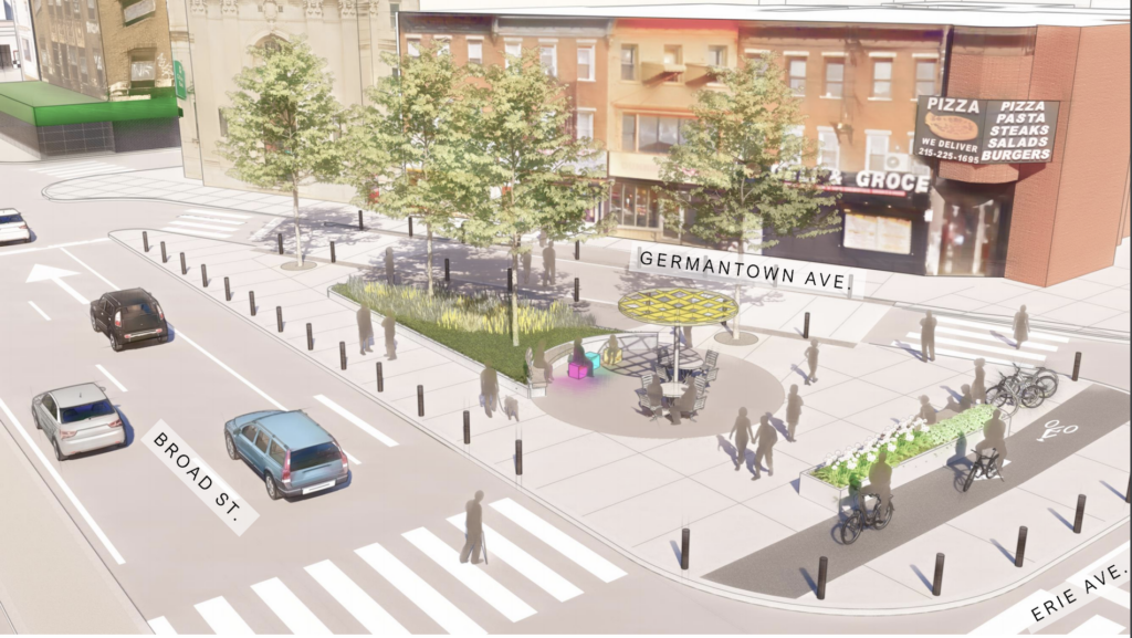 This rendering shows the proposed redesign in context A rendering of a redesign proposed for the intersection of Broad, Erie and Germantown in North Philadelphia shows a lawn, trees and seating. (Provided by the City of Philadelphia)