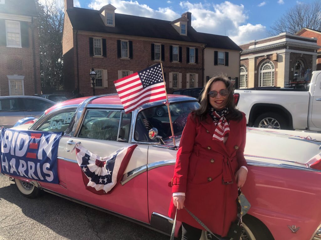 amy Amy Roe went all out in decorating her 1955 Ford for Biden's inauguration. (Cris Barrish/WHYY)