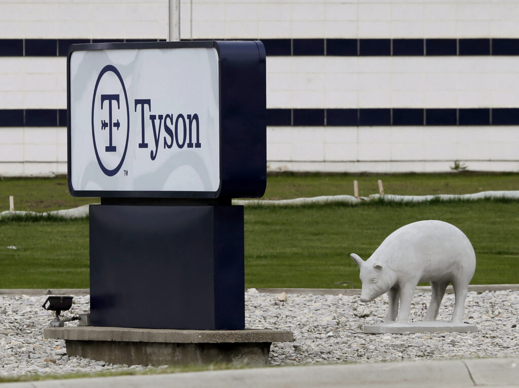 A plant in Waterloo, Iowa, is one of several Tyson Foods facilities that experienced severe outbreaks of the coronavirus among workers last year. A sign sits in front of the Tyson Foods plant in Waterloo, Iowa.