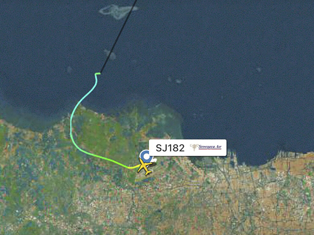This radar image shows the flight path of Indonesian Sriwijaya Air Flight 182 before it dropped off radar on Saturday. (Flightradar24.com via AP)