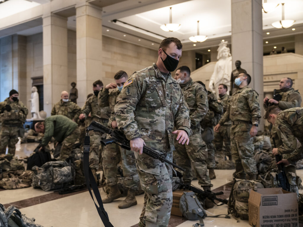 National Guard troops are inside the U.S. Capitol Visitor Center to reinforce security Wednesday at the Capitol in Washington. It comes a week after an insurrection at the Capitol. National Guard troops are inside the U.S. Capitol Visitor Center to reinforce security Wednesday at the Capitol in Washington. It comes a week after an insurrection at the Capitol. (J. Scott Applewhite/AP Photo)