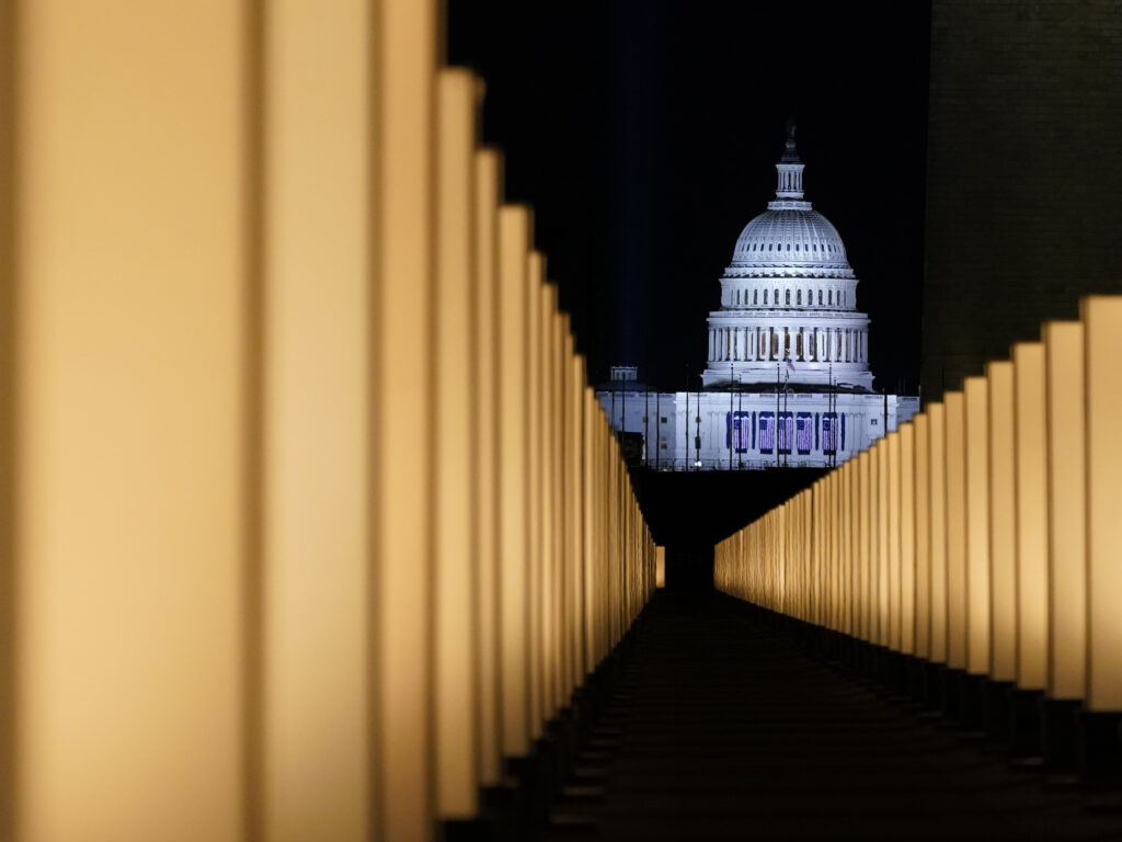 Lights placed as a memorial to COVID-19 victims surround the Lincoln Memorial Reflecting Pool on Jan. 19. Some economists believe deaths tied to alcohol use, drug use and suicides have risen during the pandemic as the isolation felt by many has taken an emotional toll. Lights surround the Lincoln Memorial Reflecting Pool, placed as a memorial to COVID-19 victims