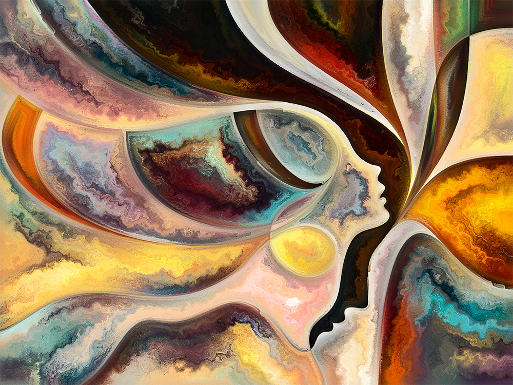 Composition of people faces, colors, organic textures, and flowing curves