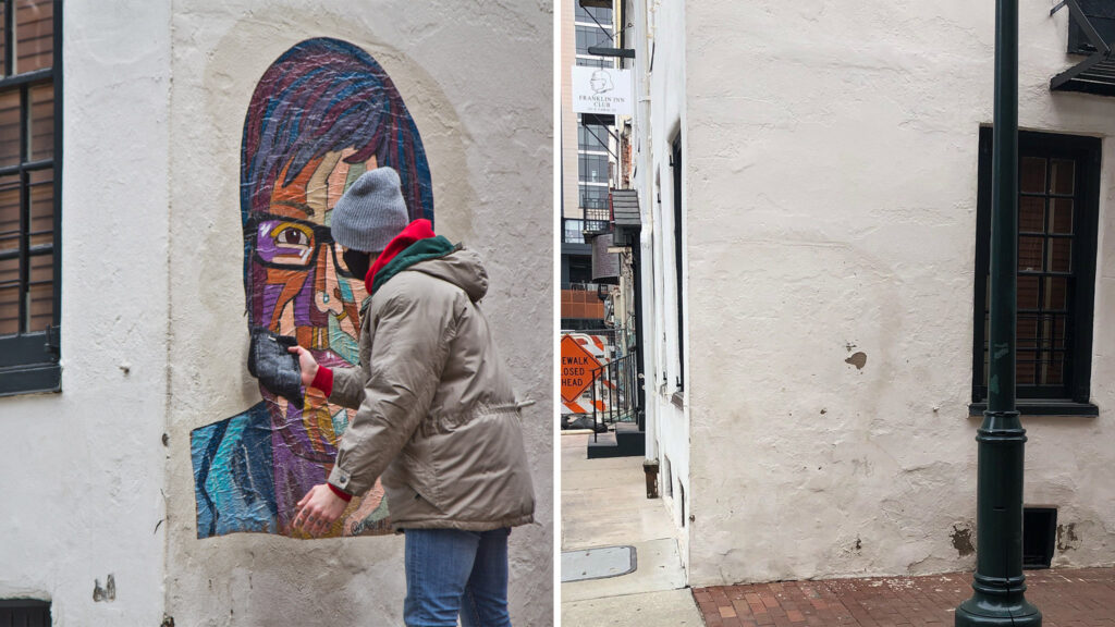 casarezwheatpastes-streetart-urquhart-duo Artist Tish Urquhart put up her Casarez tribute Wednesday morning. Thursday evening, it was gone. LEFT: KIMBERLY PAYNTER / WHYY; RIGHT: TISH URQUHART