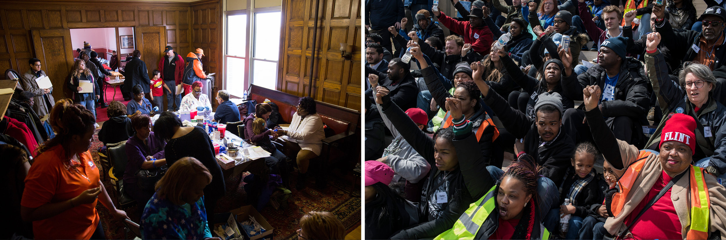 When the city switched its water supply in 2014, residents of Flint — a majority-black city where 40 percent of people live in poverty — started complaining about the quality of the water. City and state officials denied that there was a serious problem for months. Left: Residents gather for lead poisoning testing in 2016. Right: Protesters on the steps of the Michigan State Capitol in 2018.