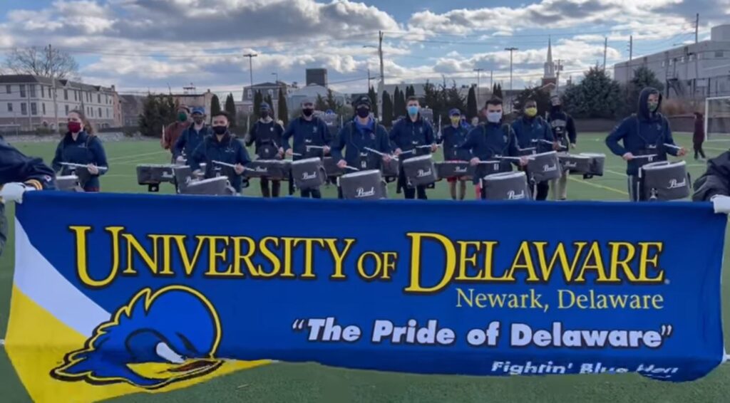 drumline Members of the University of Delaware drumline practice in preparation for their performance in the stripped down inaugural parade for UD alum Joe Biden. (courtesy UDel)