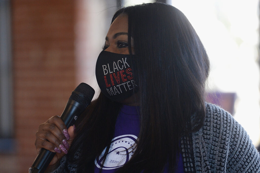 Democratic House Candidate Cori Bush Campaigns In St Louis Cori Bush speaks during a canvassing event