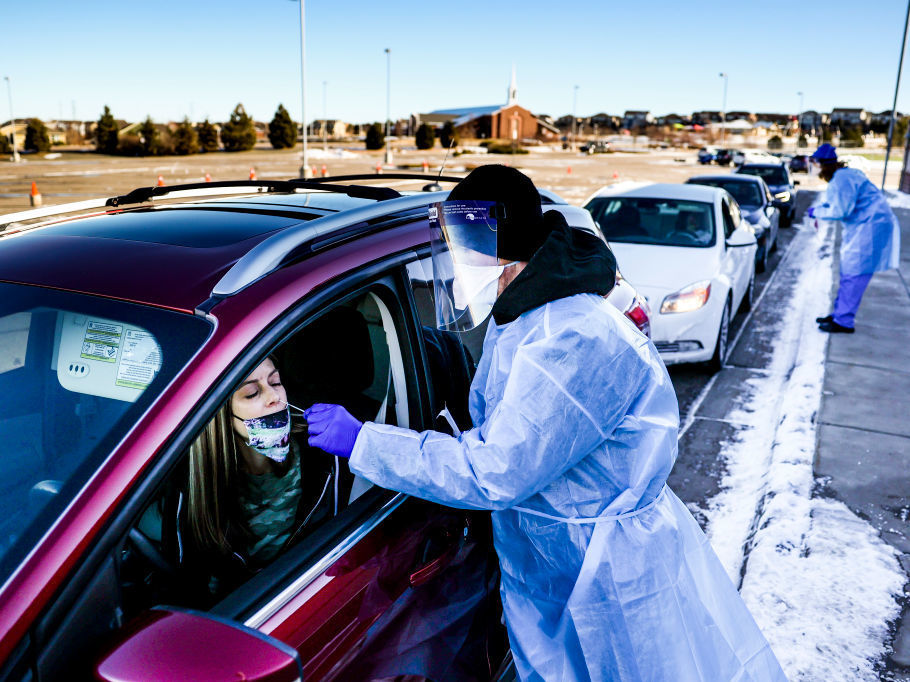 A coronavirus variant that is thought to be more contagious was detected in the United States in Elbert County, Colo., not far from this testing site in Parker, Colo. The variant has been detected in several U.S. states. A coronavirus variant that is thought to be more contagious was detected in the United States in Elbert County, Colo., not far from this testing site in Parker, Colo. The variant has been detected in several U.S. states. (Michael Ciaglo/Getty Images)