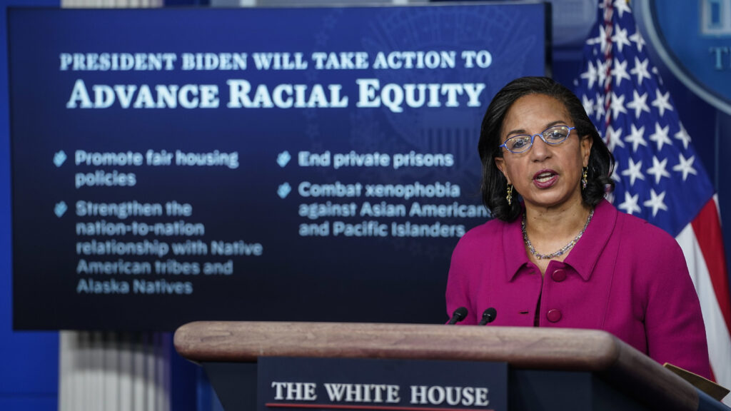 Susan Rice, President Biden’s domestic policy adviser, discusses his racial equity agenda Tuesday at the White House. Susan Rice, President Biden's domestic policy adviser, discusses his racial equity agenda Tuesday at the White House.