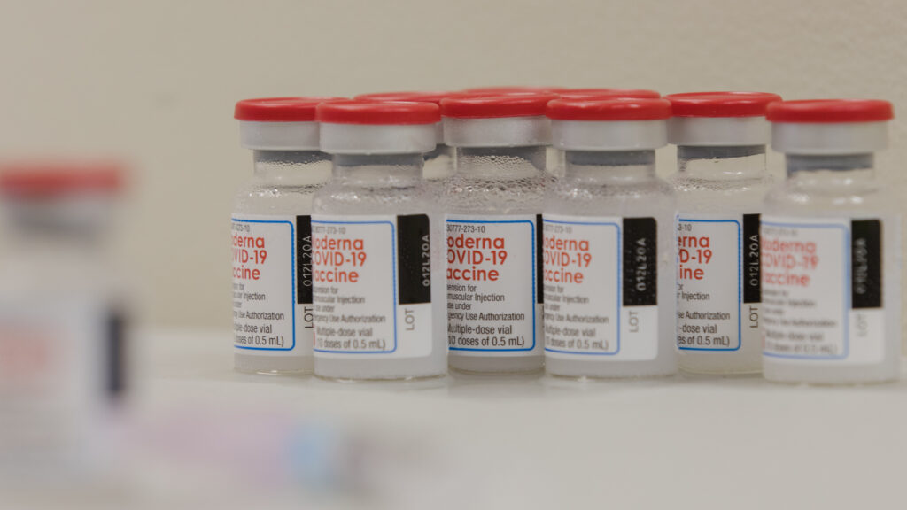 Vials of the Moderna COVID-19 vaccines are seen at the Covenant Place assisted living facility in Sumter, S.C. Vials of the Moderna Covid-19 vaccine