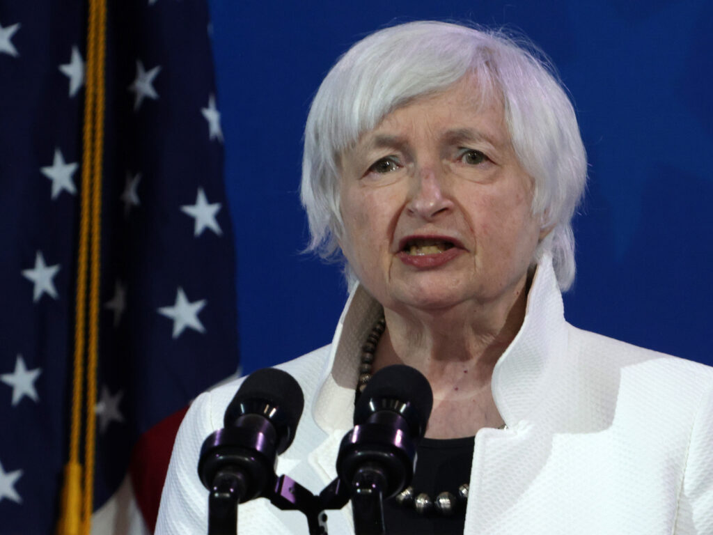 Janet Yellen addresses an event last month introducing the incoming Biden administration’s economic team in Wilmington, Del. Yellen is the first woman to lead the Treasury Department. Janet Yellen addresses an event last month introducing the incoming Biden administration's economic team in Wilmington, Del. Yellen is the first woman to lead the Treasury Department. (Alex Wong/Getty Images)