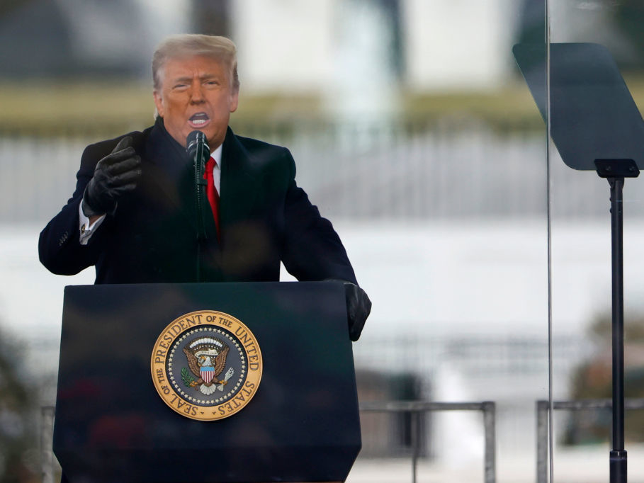 President Trump is said to be considering pardoning himself, but constitutional scholars say he doesn’t have the power to do so. President Donald Trump speaks at a podium