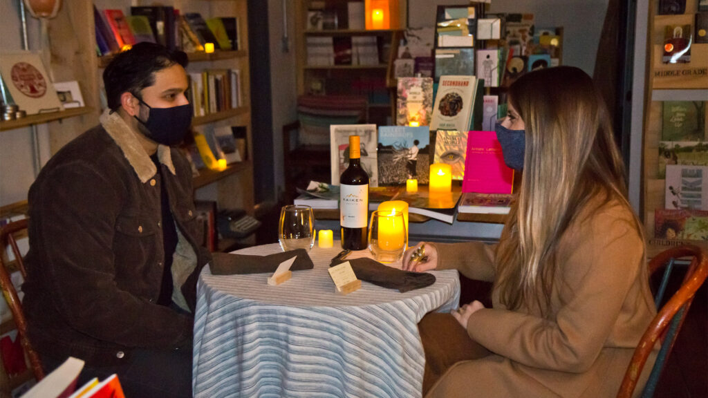headandthehand-bookstore-datenight-01crop Anush Sridharan and his partner Gina Tomaine chose The Head & The Hand Books to be their first real date out since the pandemic started. (Kimberly Paynter/WHYY)