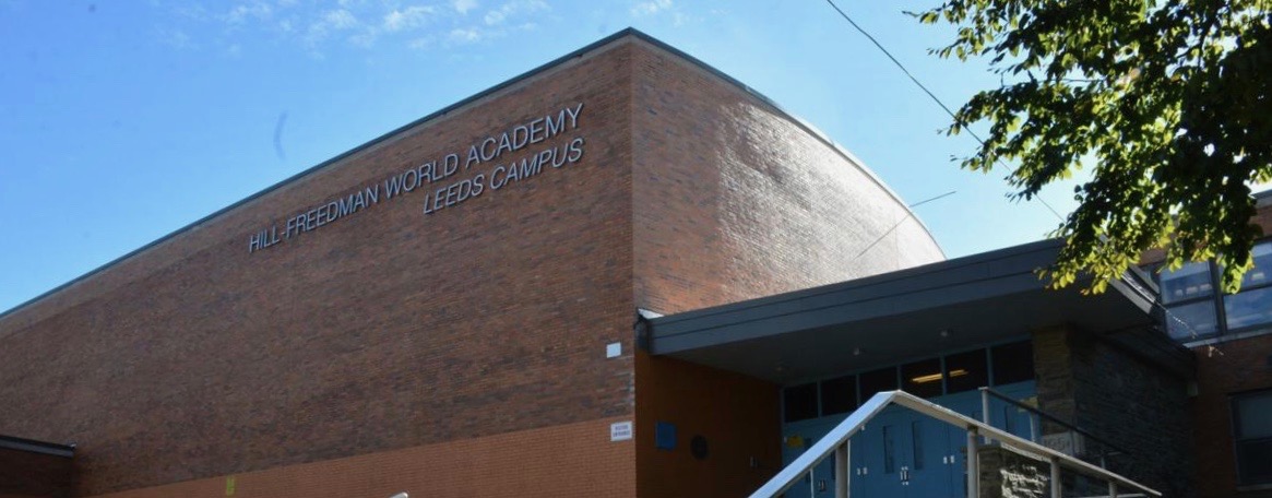 The exterior of Hill-Freedman World Academy in Northwest Philadelphia.