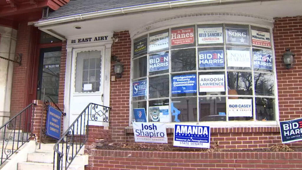 montgomery-county-democratic-committee-office-01212021 Multiple campaign signs and posters, including some supporting President Joe Biden and Vice President Kamala Harris, adorn the front window of the Montgomery County Democratic Committee’s Norristown office. (NBC10)