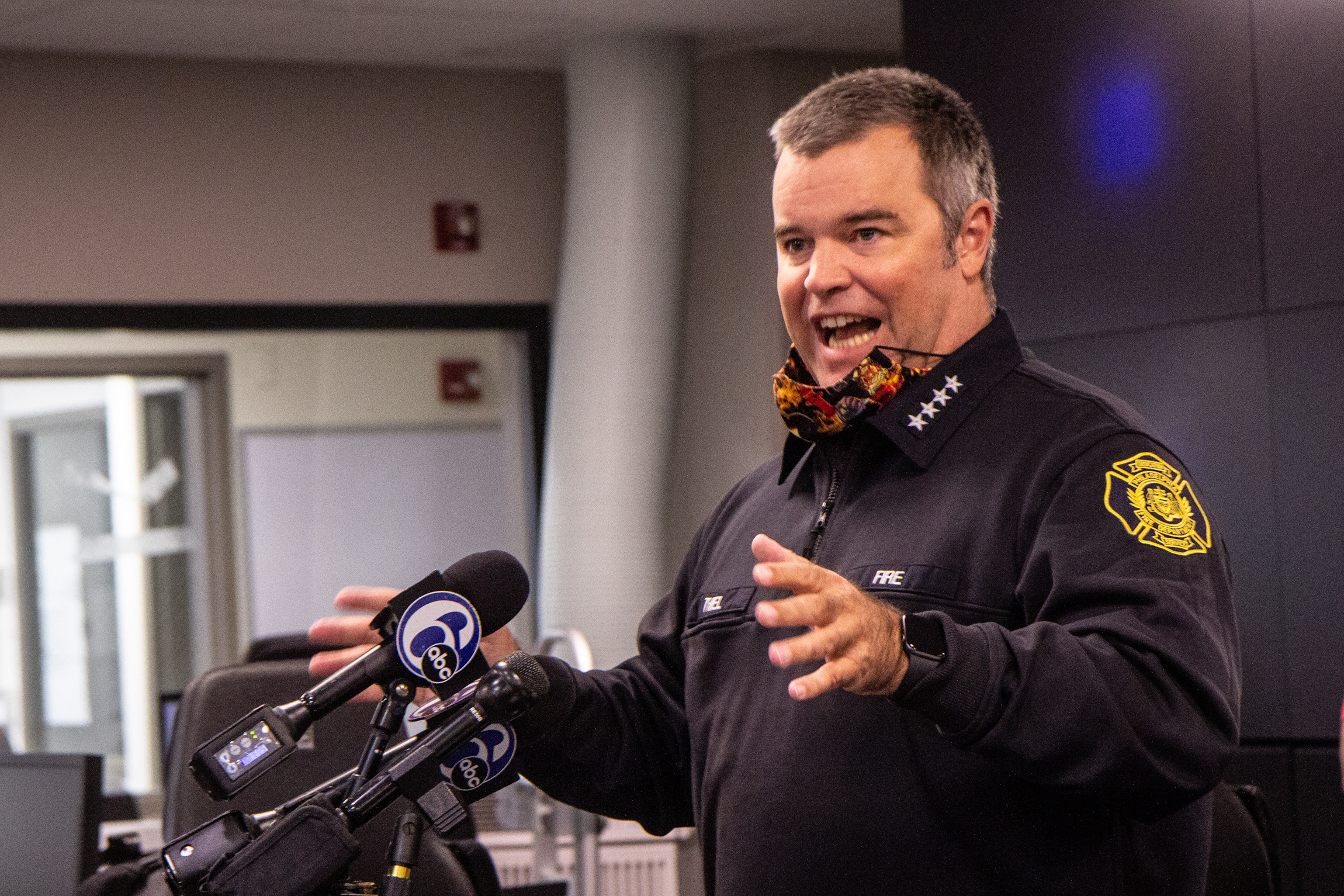 Fire Commissioner Adam Thiel explains the rollout of the COVID-19 vaccine for Philadelphia Fire Department Staff at a press conference
