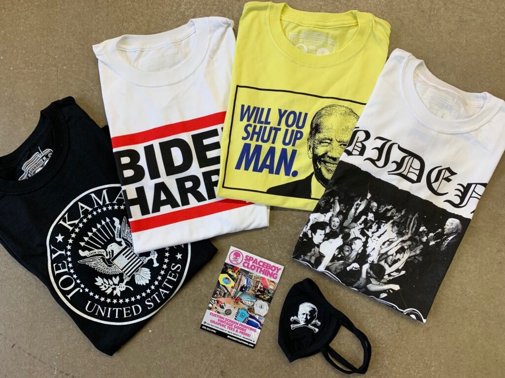 Spaceboy Clothing offers and assortment of eclectic Biden-based shirts including a yellow shirt highlighting his 