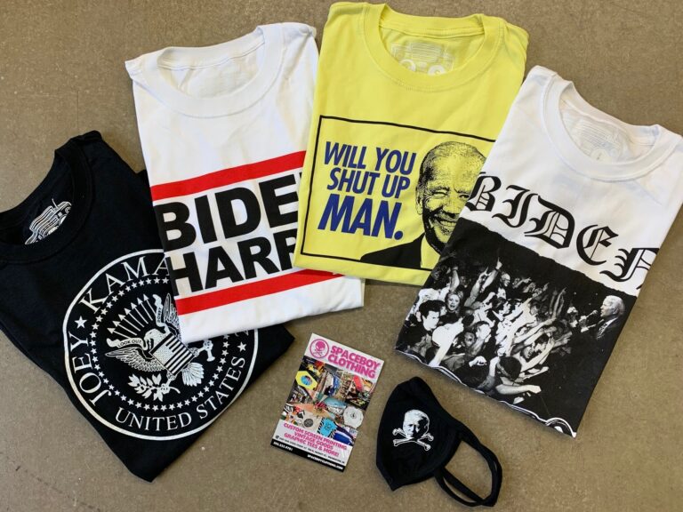 Spaceboy Clothing offers and assortment of eclectic Biden-based shirts including a yellow shirt highlighting his 