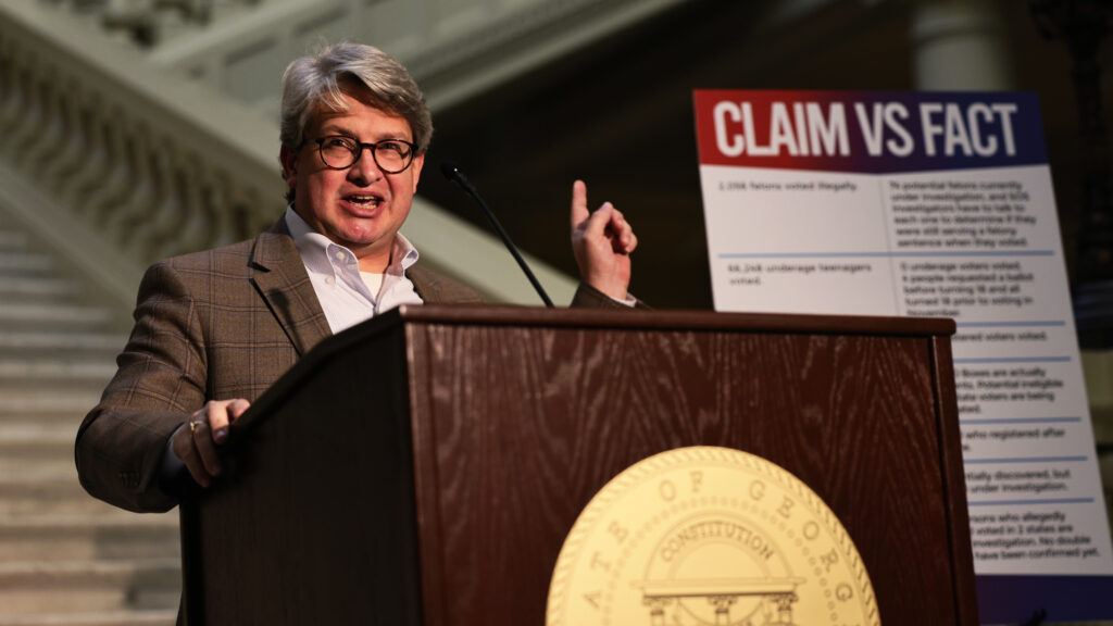 Gabriel Sterling, Georgia’s voting system implementation manager, fact-checks President Trump’s false claims about voting at a news conference Monday. Gabriel Sterling, Georgia's voting system implementation manager, fact-checks President Trump's false claims about voting at a news conference Monday. (Michael M. Santiago/Getty Images)