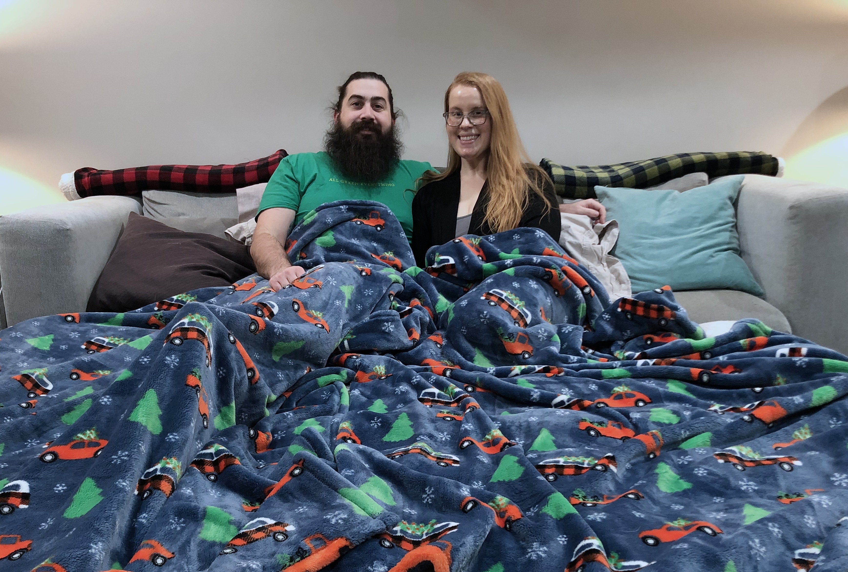 Steven Buller and his wife, Katie Retherford, set up an air mattress and attached it to the couch for a day full of watching Netflix.