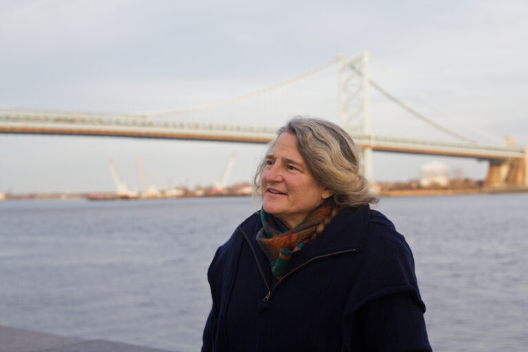 Stacy Levy, eco-artist, at Penn’s Landing in Philadelphia. (Kimberly Paynter/WHYY)