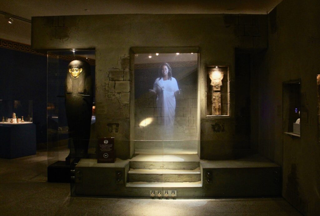 2021 01 25-e lee-reading pa reading public museum-mummy of nefrina room A life-size hologram tells the story of 2,300-year-old Egyptian mummy Nefrina in the Ancient Civilizations Gallery at the Reading Public Museum