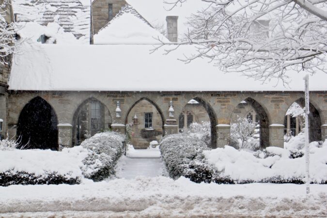 Heavy wet snow creates a gingerbread house effect on Trinity Episcopal Church