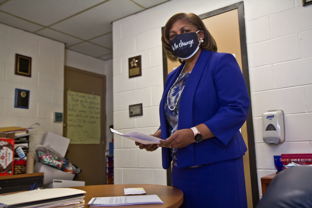 2021 02 05 k paynter rhodes elementary school-3 Principal Andrea Surratt at work in her office at E. W. Rhodes Elementary School in Philadelphia. (Kimberly Paynter/WHYY)
