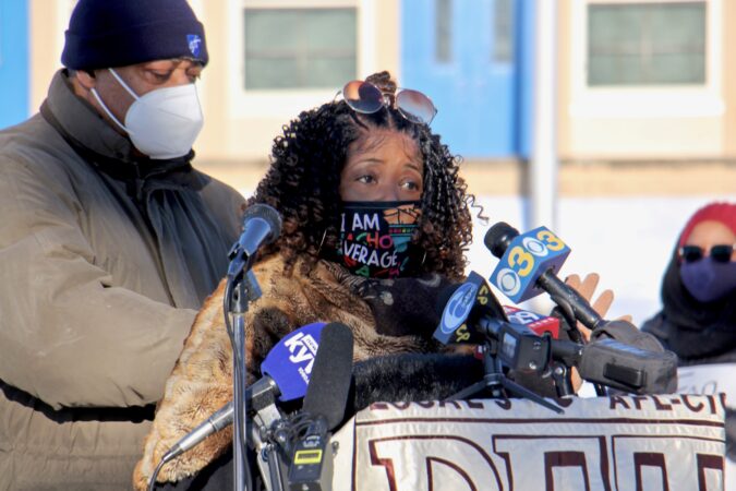Gompers teacher Chamaine O'Hanlon speaks at a protest