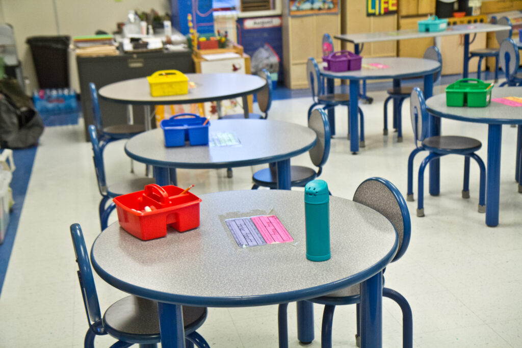 2021 02 08 k paynter russell byers returns_-11 Activity tables are spaced apart at a Philadelphia charter school