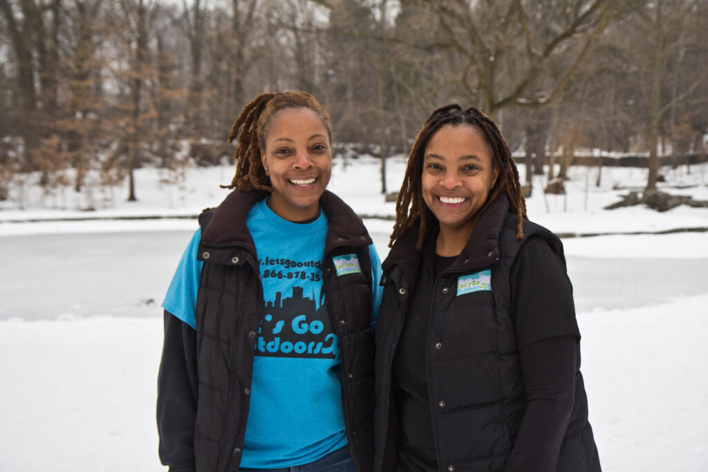 2021 02 10 k paynter keisha tarsha-2 Tarsha and Keisha Scovens at the pond at Awbury Arboretum in Philadelphia near the Wingohocking Creek. (Kimberly Paynter/WHYY)