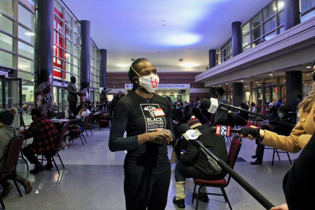 Dr. Ala Stanford speaks with reporters at Temple University's Liacouras Center