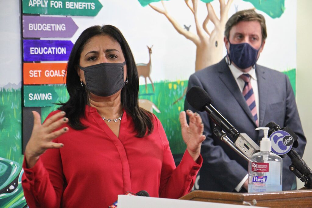 2021 02 22-e lee-maria quinones sanchez-philadelphia-poverty action fund Philadelphia City Councilmember Maria Quiñones-Sánchez hails a $10 million public-private partnership that aims to life 100,000 Philadelphians out of poverty in the next five years. (Emma Lee/WHYY)