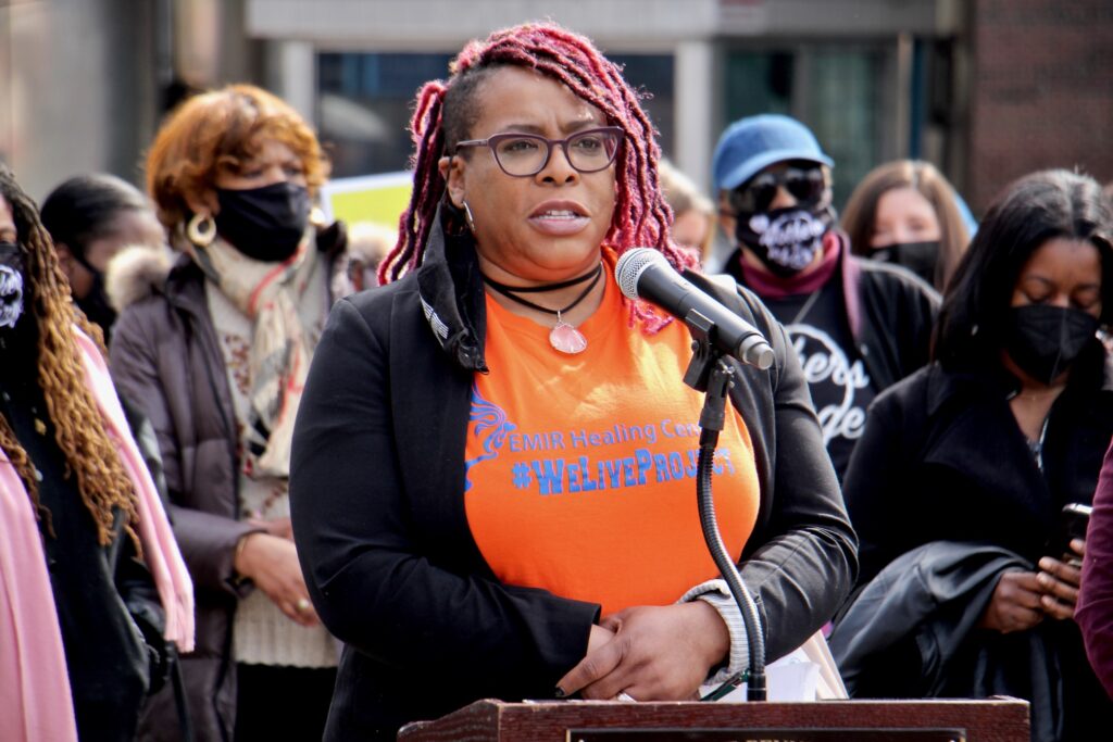 2021 02 26-e lee-chantay love mason-philadelphia-olney transportation center mass shooting presser Chantay Love speaks outside Olney Transportation Center