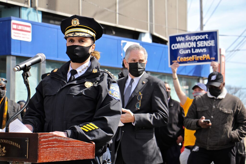 2021 02 26-e lee-danielle outlaw larry krasner-philadelphia-olney transportation center mass shooting presser Philadelphia Police Commissioner Danielle Outlaw speaks at Olney Transportation Center, where a mass shooting occurred on Feb. 17, 2021. (Emma Lee/WHYY)