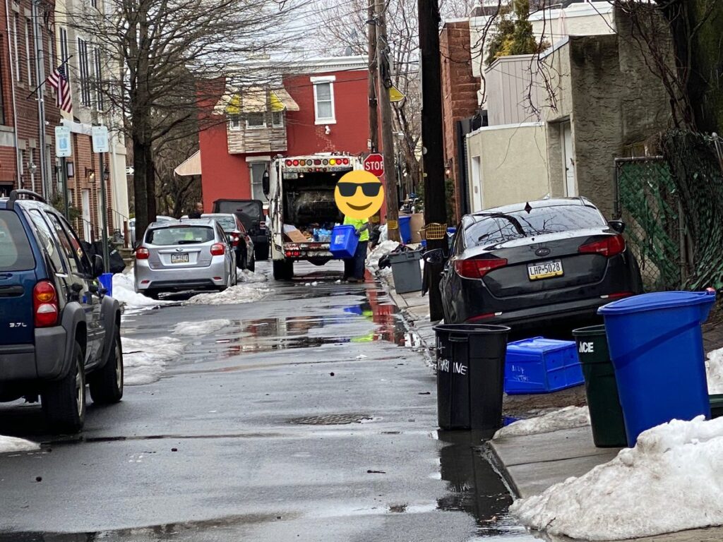 A Philadelphian took a photo of recycling getting picked up with trash (Jason Peters_ Twitter). A Philadelphian took a photo of recycling getting picked up with trash. The face of the city worker is obscured to protect their identity. (Jason Peters/Twitter)