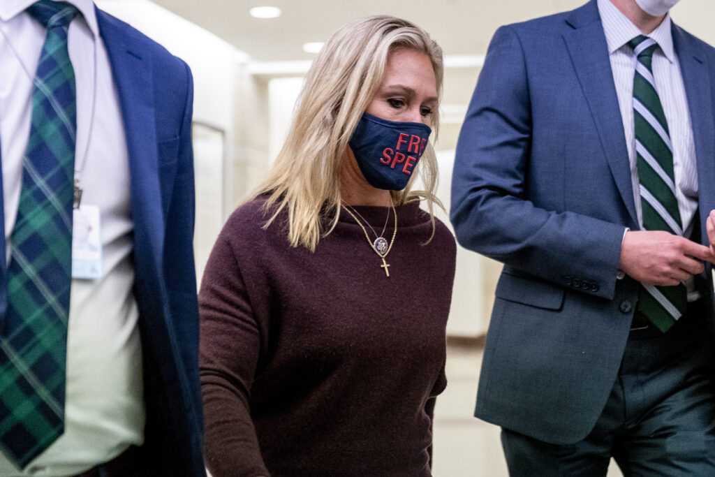 Marjorie Taylor Greene Rep. Marjorie Taylor Greene, R-Ga., walks back to her office after speaking on the floor of the House Chamber on Capitol Hill in Washington, Thursday, Feb. 4, 2021. (AP Photo/Andrew Harnik)