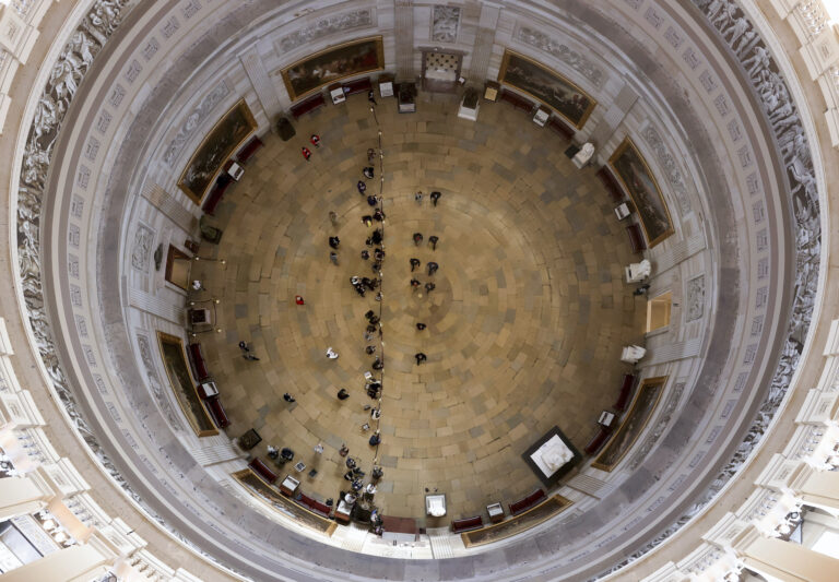 Acting Sergeant at Arms Timothy Blodgett leads impeachment managers through Statuary Hall to the Senate for the second impeachment trial of former President Donald Trump, Tuesday, Feb. 9, 2021, in Washington. (Win McNamee/Pool via AP)