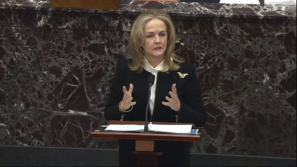 Trump Impeachment In this image from video, House impeachment manager Rep. Madeleine Dean, D-Pa., speaks during the second impeachment trial of former President Donald Trump in the Senate at the U.S. Capitol in Washington, Wednesday, Feb. 10, 2021. (Senate Television via AP)