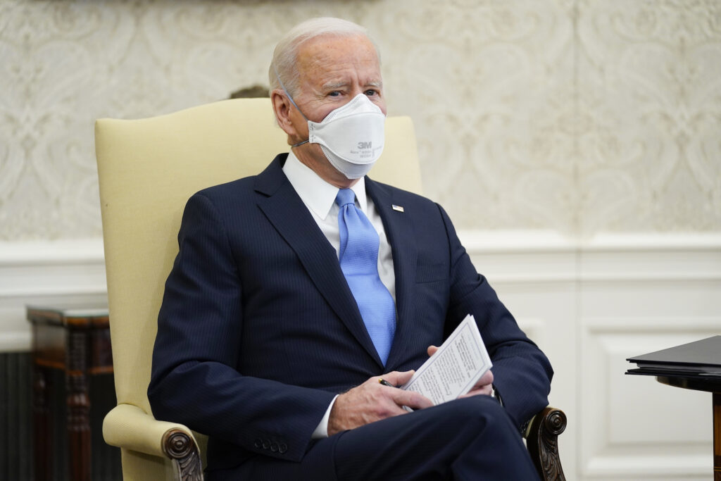 Joe Biden President Joe Biden speaks during a meeting with a bipartisan group of mayors and governors to discuss a coronavirus relief package, in the Oval Office of the White House, Friday, Feb. 12, 2021, in Washington. (AP Photo/Evan Vucci)