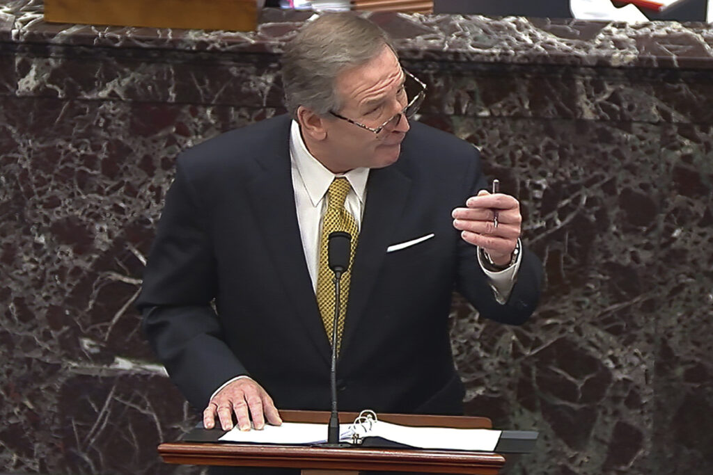 Trump Impeachment In this image from video, Michael van der Veen, an attorney for former President Donald Trump, speaks during the second impeachment trial of Trump in the Senate at the U.S. Capitol in Washington, Friday, Feb. 12, 2021. (Senate Television via AP)