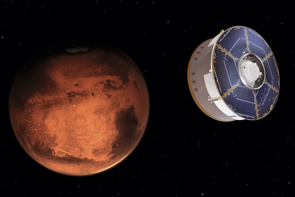 Mars Missions This illustration provided by NASA depicts the Mars 2020 spacecraft carrying the Perseverance rover as it approaches Mars. Perseverance's $3 billion mission is the first leg in a U.S.-European effort to bring Mars samples to Earth in the next decade. (NASA/JPL-Caltech via AP)