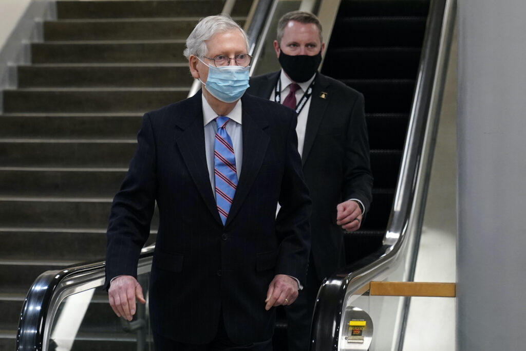 Mitch McConnell Senate Minority Leader Mitch McConnell of Ky., walks on Capitol Hill in Washington, Tuesday, Feb. 23, 2021. (AP Photo/Susan Walsh)