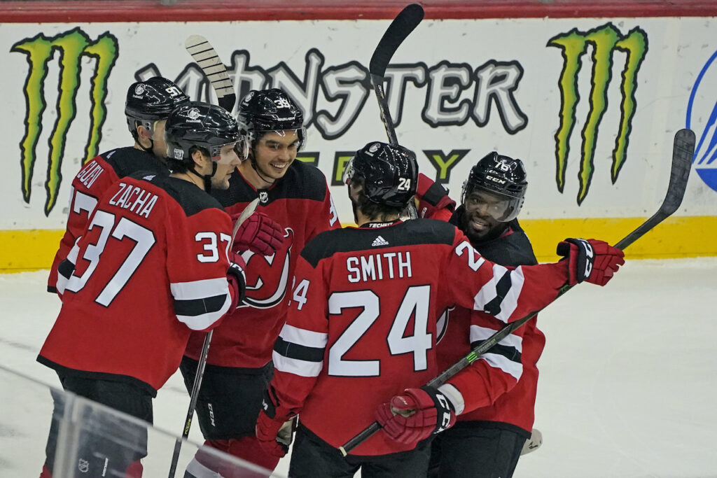 Pavel Zacha New Jersey Devils celebrate with center Pavel Zacha (37) after he scored a goal