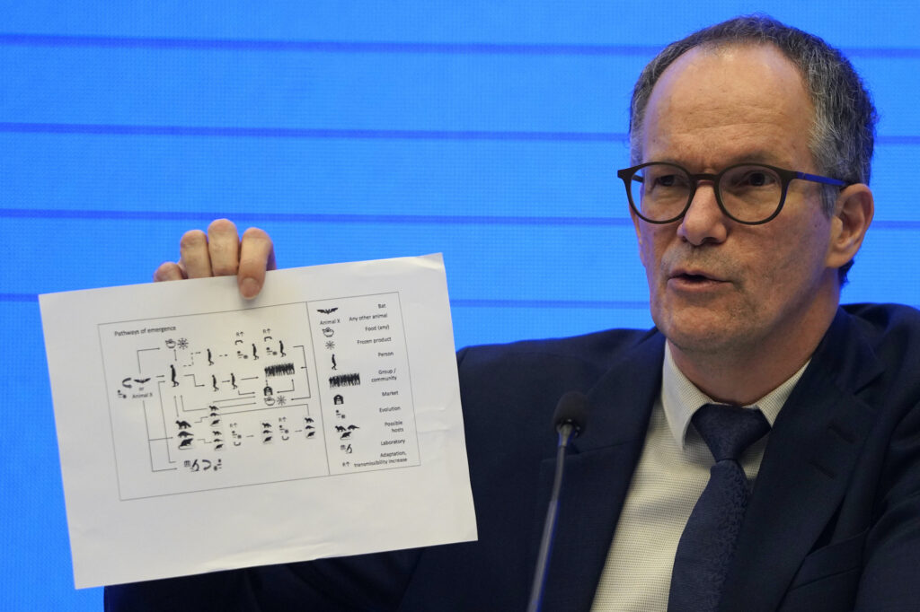 Peter Ben Embarek Peter Ben Embarek, of the World Health Organization team holds up a chart showing pathways of transmission of the virus