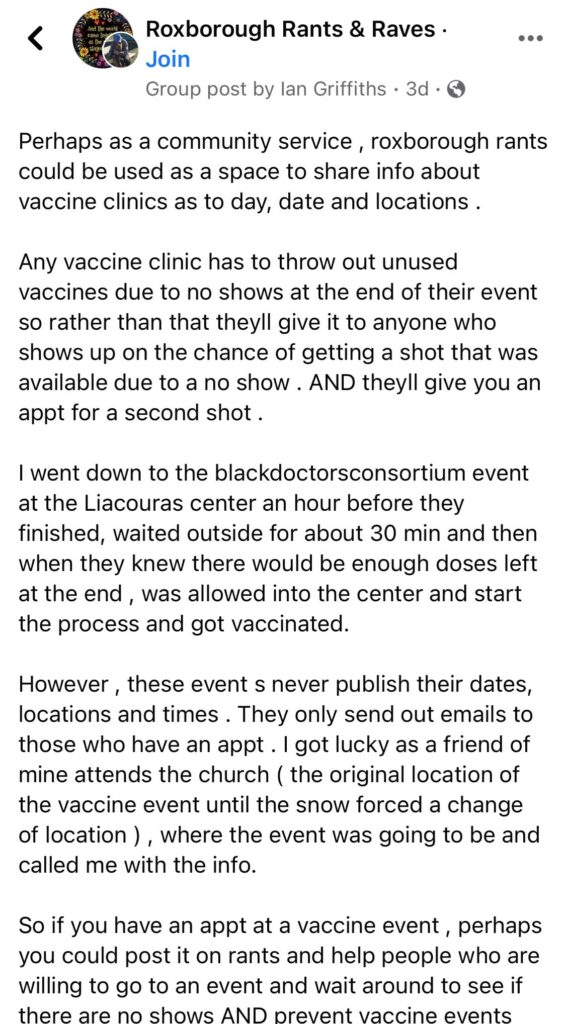 A screenshot of a neighborhood Facebook group post about strategies for getting successfully vaccinated